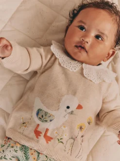 Neutrale Eend/Saliegroen met fijne print - 2 -delige babyset met gebreide trui en legging (0mnd-3jr)