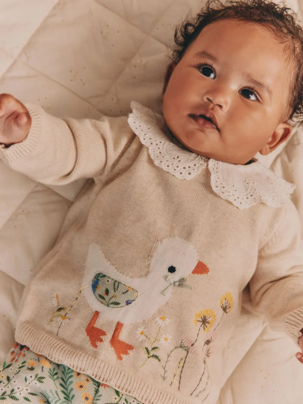 Neutrale Eend/Saliegroen met fijne print - 2 -delige babyset met gebreide trui en legging (0mnd-3jr)