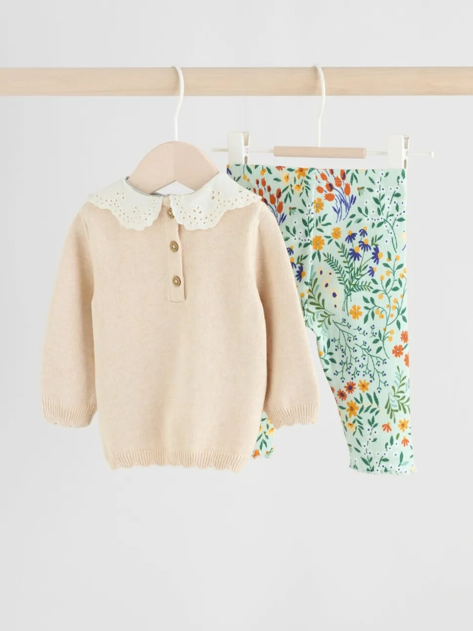 Neutrale Eend/Saliegroen met fijne print - 2 -delige babyset met gebreide trui en legging (0mnd-3jr)