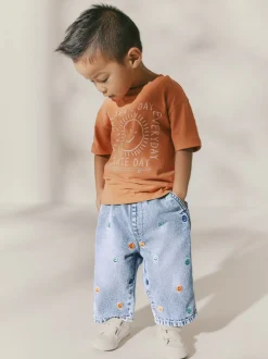 Normaal blauw - 100% katoenen denim jeans met borduursel (3mnd -7jr)