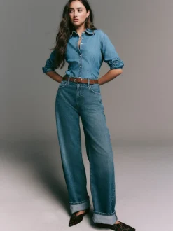 Normaal blauw - Cinch Waist Fitted Long Sleeve Denim Shirt