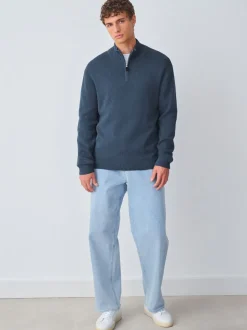Normaal blauw - Effen - Regular fit 100% katoenen premium trui met korte rits