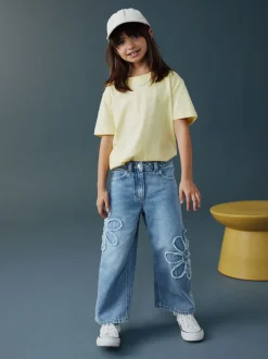 Normaal blauw - Floral Appliqué Wide Leg Jeans (3-16yrs)