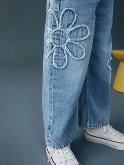 Normaal blauw - Floral Appliqué Wide Leg Jeans (3-16yrs)