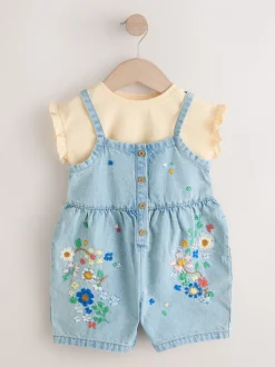 Normaal blauw - Floral Embroidered Denim Playsuit and T-Shirt (3mths-7yrs)