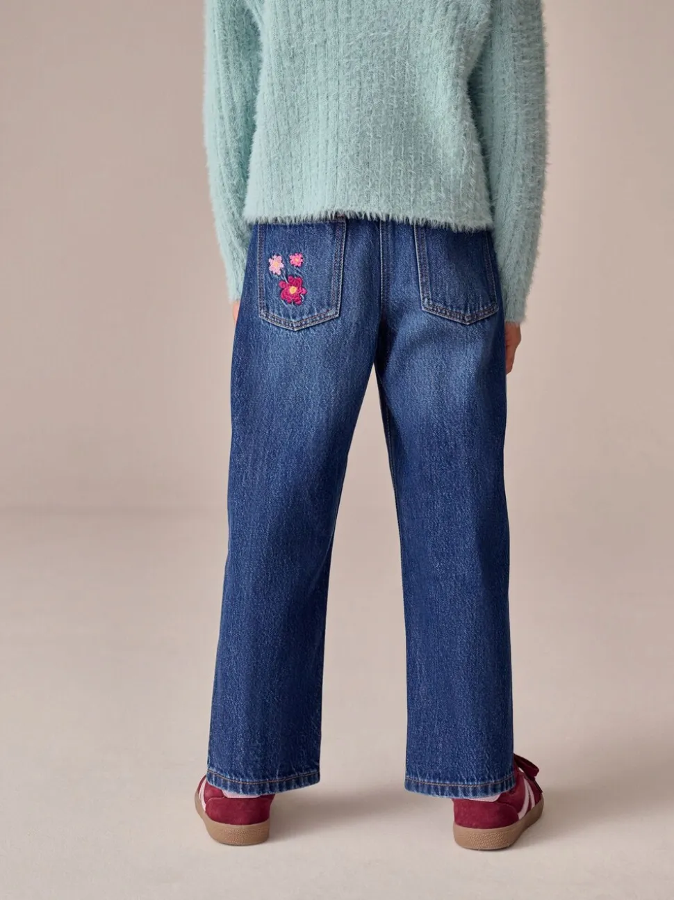 Normaal blauw - Jeans met rechte pijpen en bloemenborduursel (3-16jr)