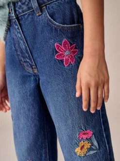 Normaal blauw - Jeans met rechte pijpen en bloemenborduursel (3-16jr)