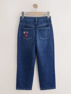 Normaal blauw - Jeans met rechte pijpen en bloemenborduursel (3-16jr)