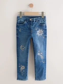 Normaal blauw - Jeans met rechte pijpen en bloemenborduursel (3-16jr)