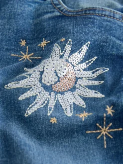 Normaal blauw - Jeans met rechte pijpen en bloemenborduursel (3-16jr)