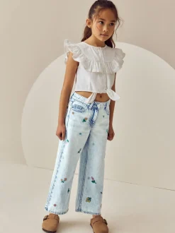 Normaal blauw - Jeans met rechte pijpen en bloemenborduursel (3-16jr)