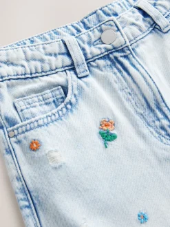 Normaal blauw - Jeans met rechte pijpen en bloemenborduursel (3-16jr)