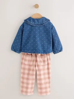 Normaal blauw - Set van denim overhemd en geruite broek (3mnd-7jr)