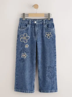 Normaal blauw - Wijde jeans met Bloemenprint en versieringen (3-16jr)