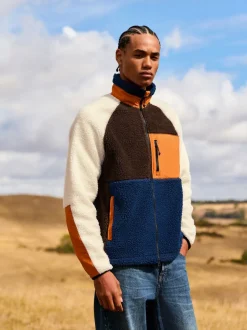 Ochre Orange/Ecru Neutral - Colourblock Zip Through Funnel Fleece