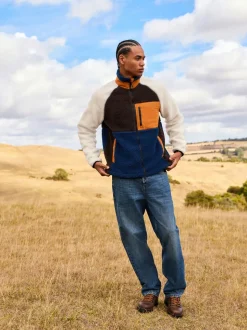 Ochre Orange/Ecru Neutral - Colourblock Zip Through Funnel Fleece