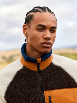 Ochre Orange/Ecru Neutral - Colourblock Zip Through Funnel Fleece