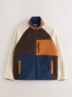 Ochre Orange/Ecru Neutral - Colourblock Zip Through Funnel Fleece