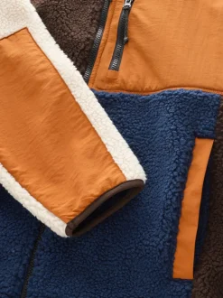 Ochre Orange/Ecru Neutral - Colourblock Zip Through Funnel Fleece