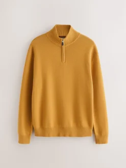 Okergeel - Effen - Regular fit 100% katoenen premium trui met korte rits