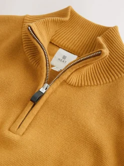 Okergeel - Effen - Regular fit 100% katoenen premium trui met korte rits