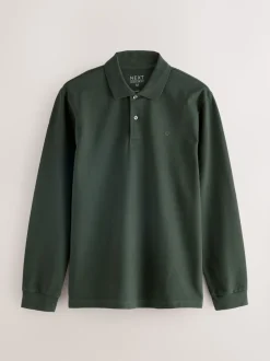 Olijfgroen - Normale Pasvorm - Piqué polo met lange mouwen