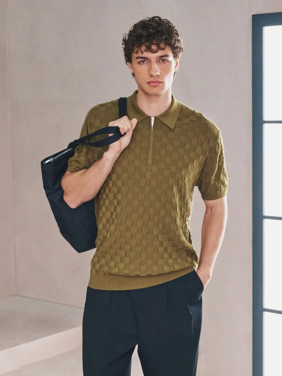 Olijfgroen - Regular Fit N.Premium Checkerboard Knitted Short Sleeve Zip Neck Polo Shirt
