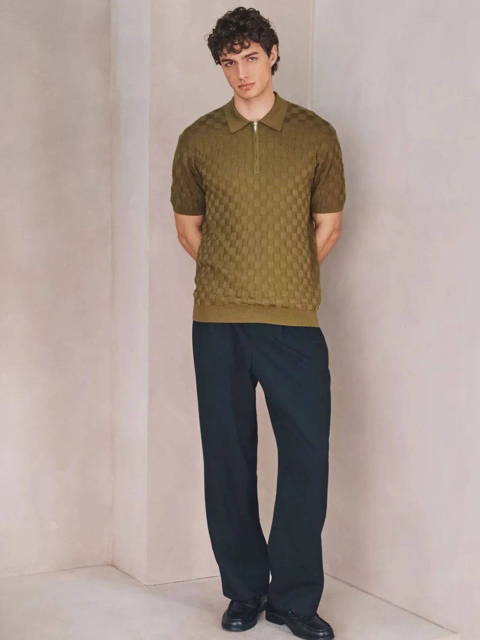 Olijfgroen - Regular Fit N.Premium Checkerboard Knitted Short Sleeve Zip Neck Polo Shirt