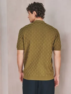 Olijfgroen - Regular Fit N.Premium Checkerboard Knitted Short Sleeve Zip Neck Polo Shirt