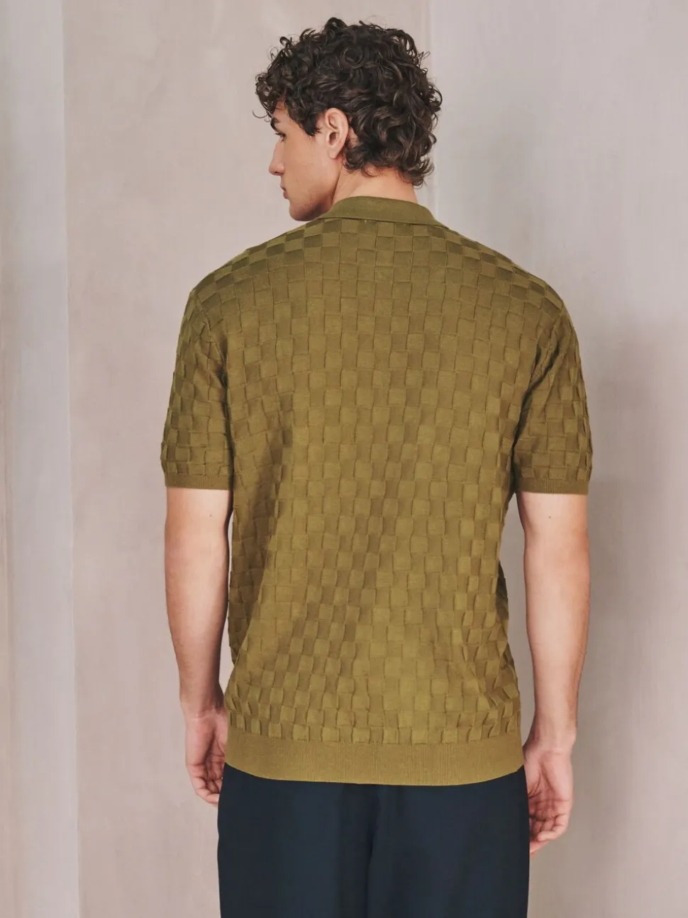 Olijfgroen - Regular Fit N.Premium Checkerboard Knitted Short Sleeve Zip Neck Polo Shirt