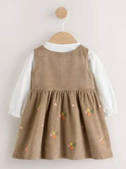 Olijfgroen geborduurd - Set van corduroy pinafore, bodysuit met lange mouwen en maillot voor baby's (0mnd-2jr)