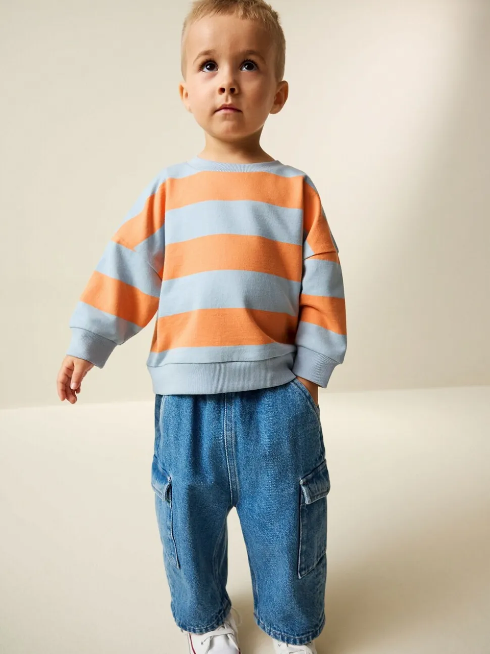 Orange & Blue Stripe - Sweatshirt met ronde hals en all-over print (3 mnd - 7 jr)