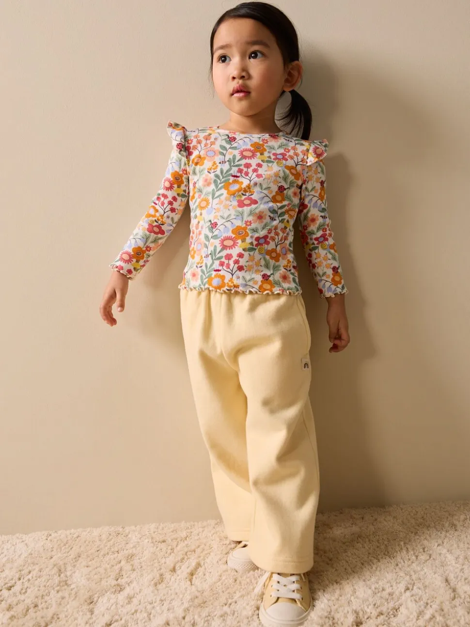 Oranje fijn gebloemd - Long Sleeve Ribbed Frill Top (3mths-7yrs)