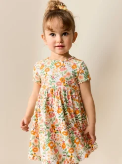 Oranje met bloemen - Short Sleeve Ribbed Dress (3mths-7yrs)