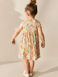 Oranje met bloemen - Short Sleeve Ribbed Dress (3mths-7yrs)