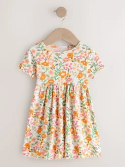 Oranje met bloemen - Short Sleeve Ribbed Dress (3mths-7yrs)