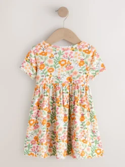 Oranje met bloemen - Short Sleeve Ribbed Dress (3mths-7yrs)