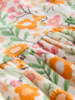 Oranje met bloemen - Short Sleeve Ribbed Dress (3mths-7yrs)