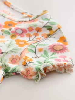 Oranje met bloemen - Short Sleeve Ribbed Dress (3mths-7yrs)