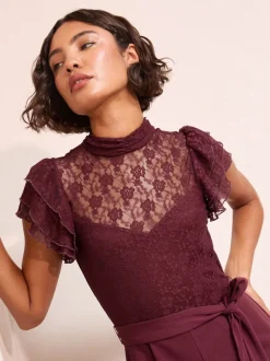 Paars - Friends Like These jumpsuit van kant en scubamix met ruches aan de mouwen
