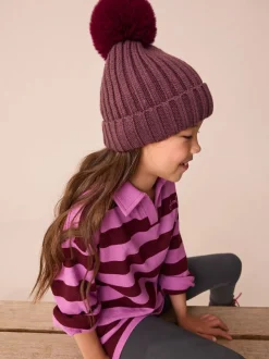 Paars - Geribbelde beanie-muts met pompon (3mnd -16jr)