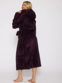 Paars - Loungeable Plush Ridged Fleece Midi Hooded Dressing Gown
