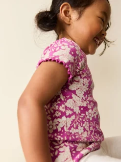 Paars met bloemen - Short Sleeve Rib T-Shirt (3mths-7yrs)
