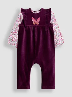 Paars met vlinderprint - JoJo Maman Bébé Appliqué Velour Dungarees & Top Set
