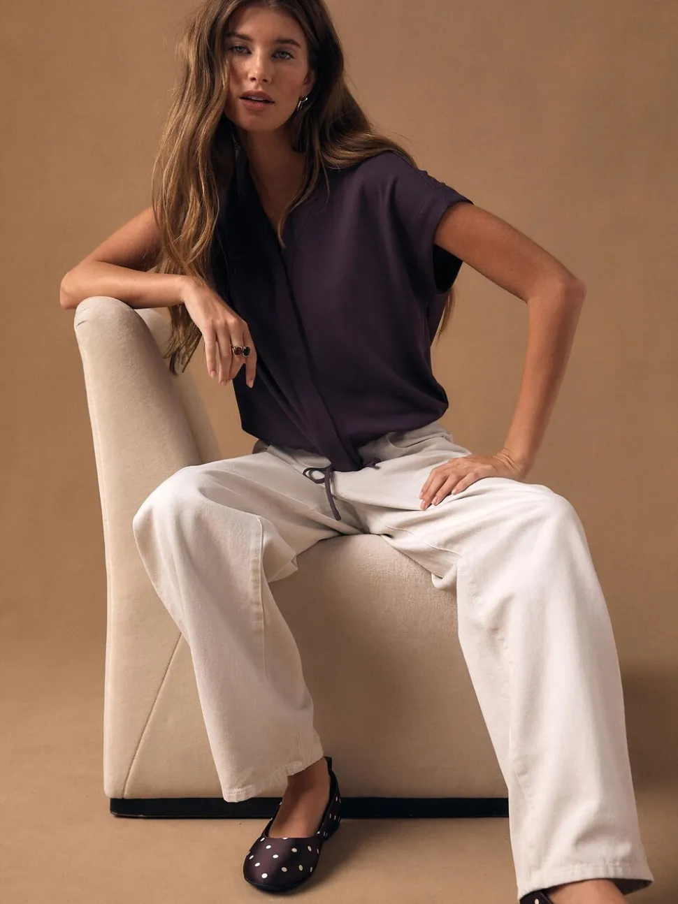 Paarsblauw - V-Neck Short Sleeved Tie Waist Top