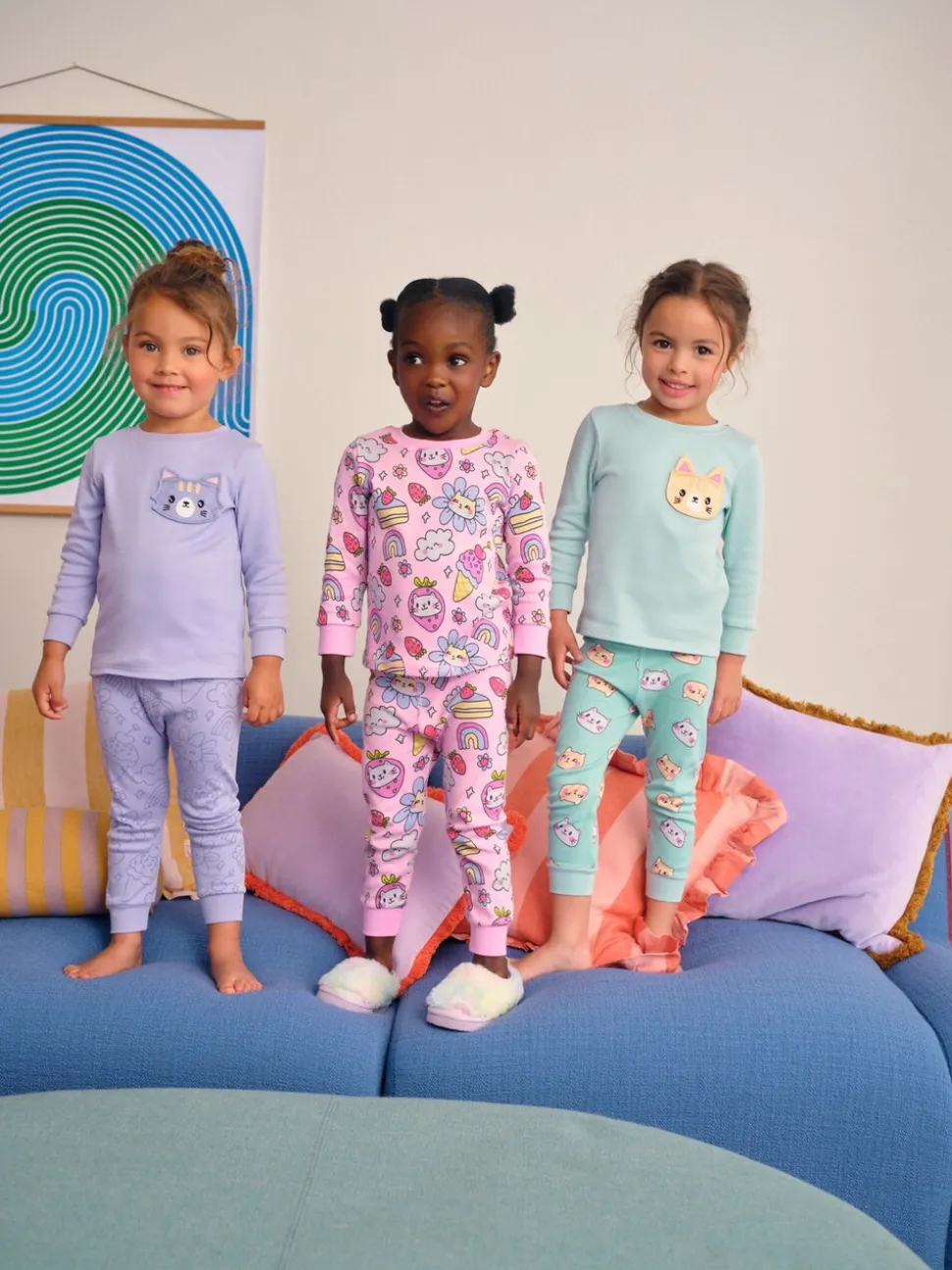 Paarse kattenprint - Verpakking van 3 knusse pyjama's (9 mnd-10 jr)