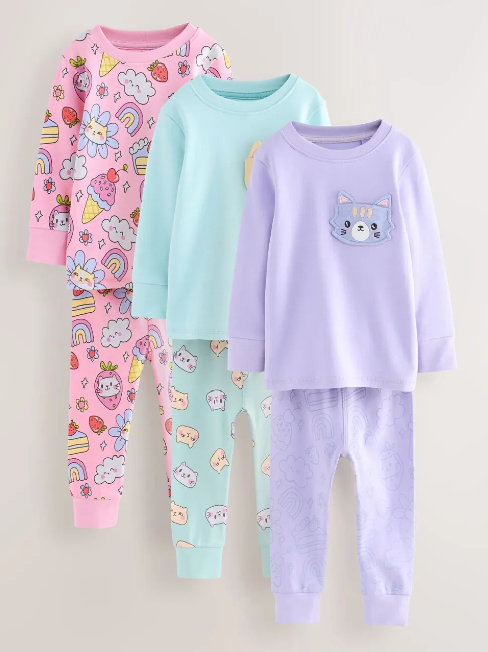 Paarse kattenprint - Verpakking van 3 knusse pyjama's (9 mnd-10 jr)