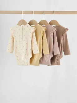 Paars/geel/crème met fijne print - Verpakking van 4 babyrompers met lange mouwen en ruches (0mnd-2jr)