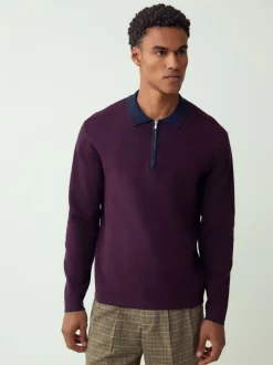 Paars/marineblauw - Half met rits - Regular Fit Premium Mid Weight Long Sleeve Knit Polo Shirt