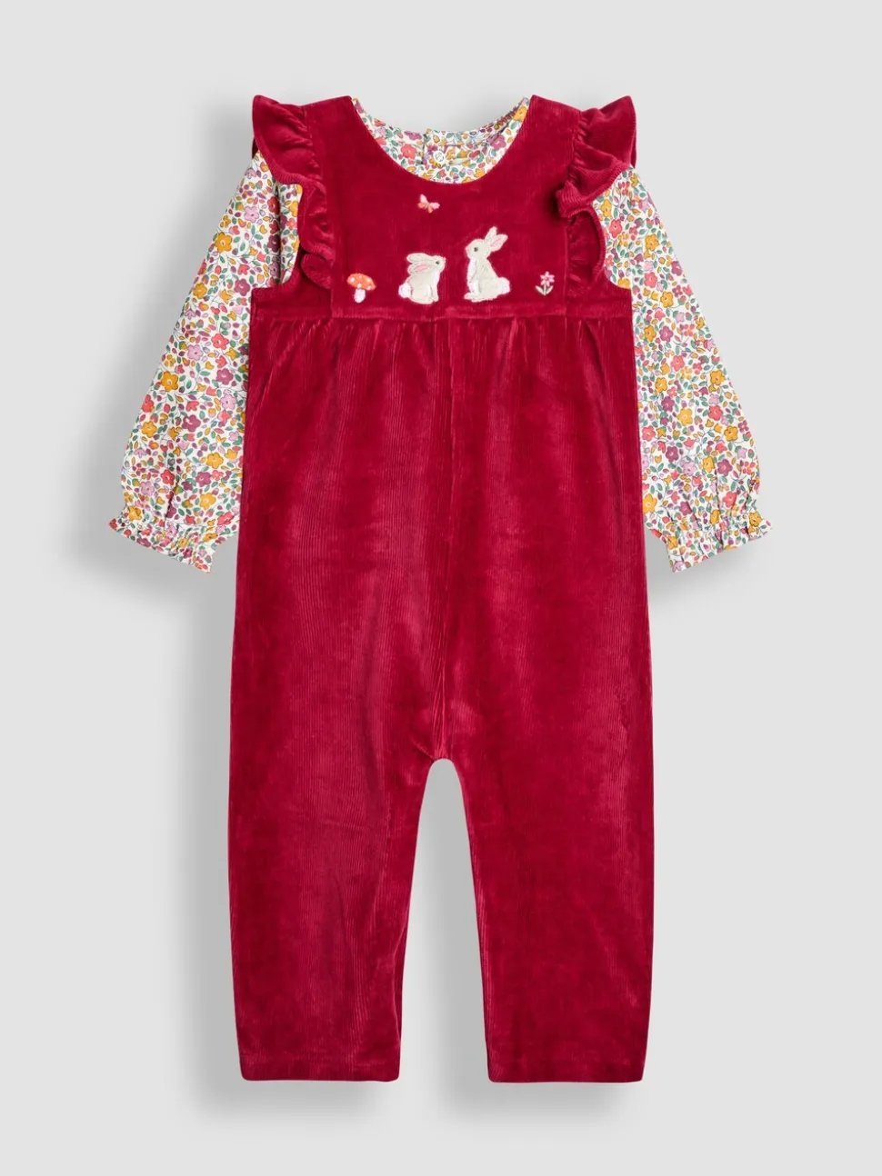 Paarsrood met konijnenprint - JoJo Maman Bébé Appliqué Velour Dungarees & Top Set